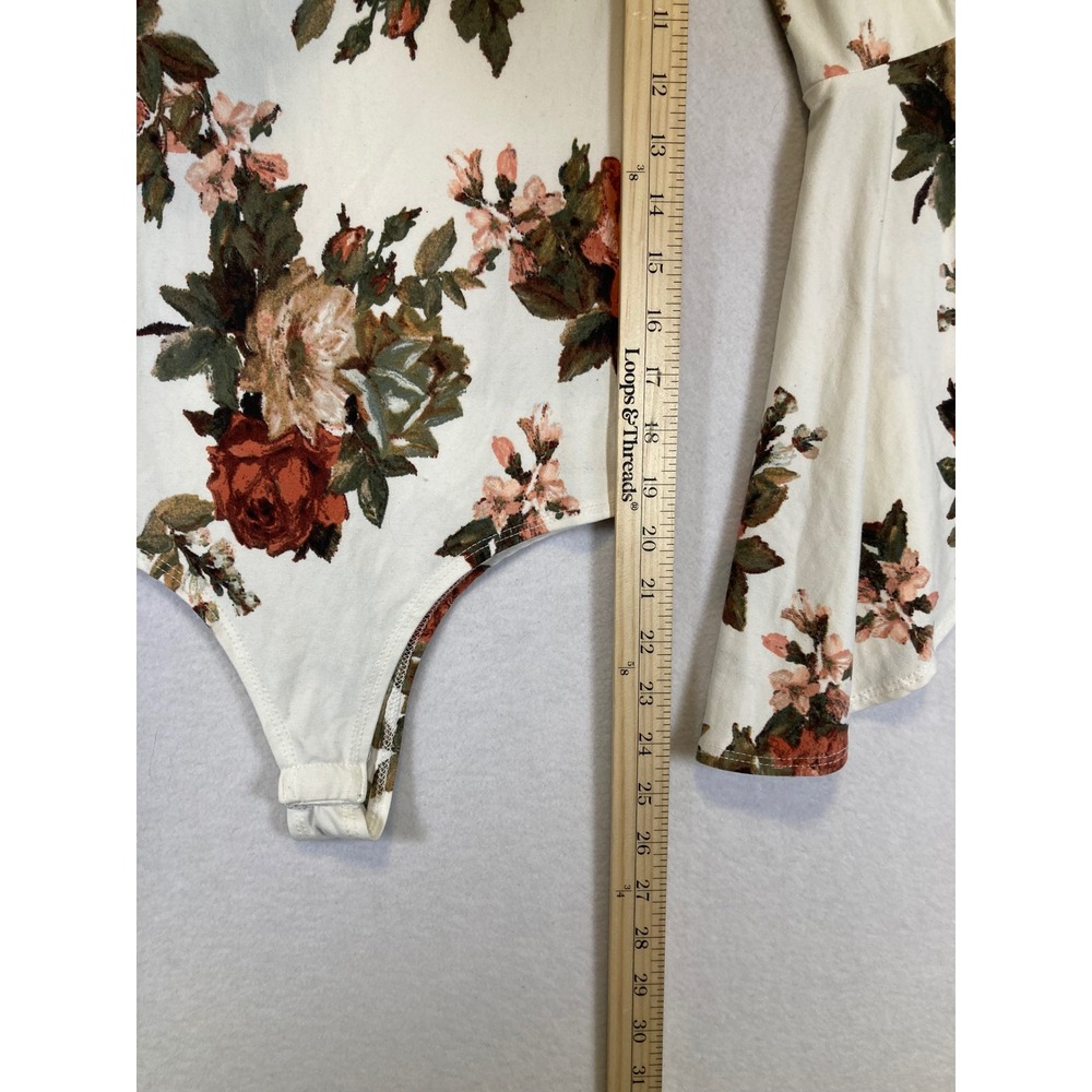 Whimsical Romantic Floral A'GACI Women Small Cream Rust Bell Sleeve Bodysuit - Picture 7 of 9